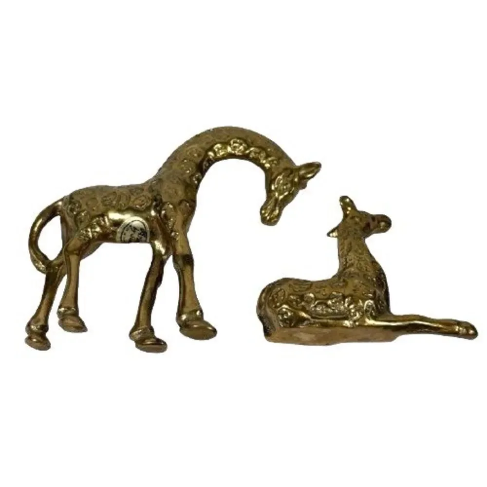Vintage Solid Brass Mother and Baby Giraffe Figurines Mid-Century Mod, Lot of 2